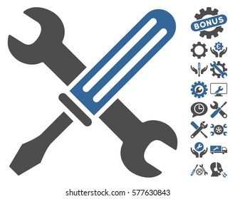 Tools icon with bonus options images. Vector illustration style is flat iconic cobalt and gray symbols on white background.