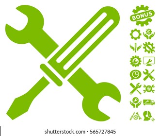 Tools icon with bonus options pictures. Vector illustration style is flat iconic eco green symbols on white background.