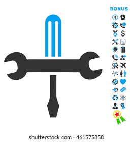 Tools icon with bonus pictograms. Vector style is bicolor flat iconic symbol with rounded angles, blue and gray colors, white background.