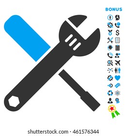 Tools icon with bonus pictograms. Vector style is bicolor flat iconic symbol with rounded angles, blue and gray colors, white background.