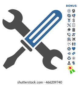 Tools icon with bonus pictograms. Vector style is bicolor flat iconic symbol with rounded angles, cobalt and gray colors, white background.