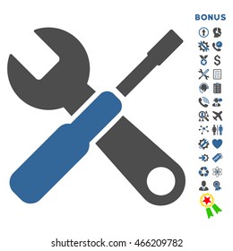 Tools icon with bonus pictograms. Vector style is bicolor flat iconic symbol with rounded angles, cobalt and gray colors, white background.