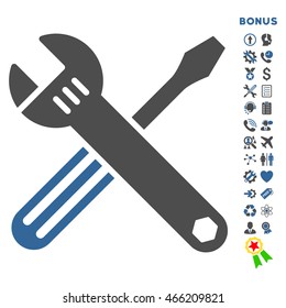 Tools icon with bonus pictograms. Vector style is bicolor flat iconic symbol with rounded angles, cobalt and gray colors, white background.
