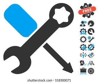 Tools icon with bonus tools pictures. Vector illustration style is flat iconic blue and gray symbols on white background.