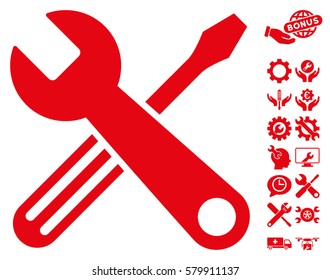 Tools icon with bonus tools pictures. Vector illustration style is flat iconic red symbols on white background.