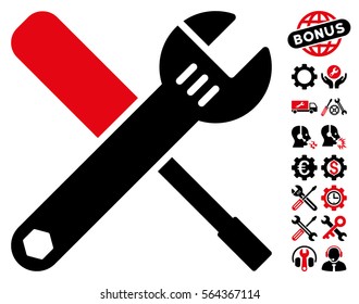 Tools icon with bonus settings clip art. Vector illustration style is flat iconic intensive red and black symbols on white background.