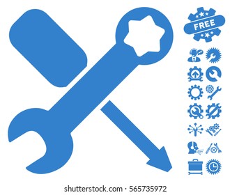 Tools icon with bonus settings clip art. Vector illustration style is flat iconic cobalt symbols on white background.