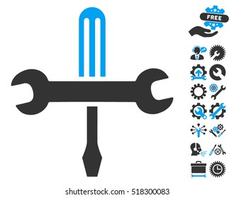 Tools icon with bonus settings design elements. Vector illustration style is flat iconic blue and gray symbols on white background.