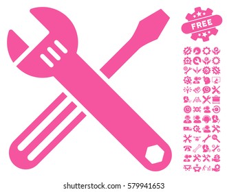 Tools icon with bonus settings design elements. Vector illustration style is flat iconic pink symbols on white background.