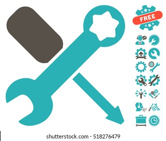 Tools icon with bonus setup tools clip art. Vector illustration style is flat iconic grey and cyan symbols on white background.