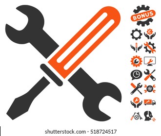 Tools icon with bonus setup tools icon set. Vector illustration style is flat iconic orange and gray symbols on white background.