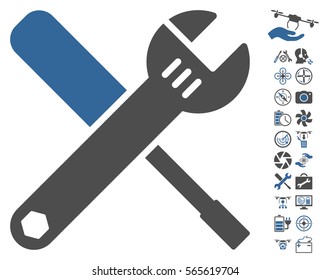 Tools icon with bonus uav service images. Vector illustration style is flat iconic cobalt and gray symbols on white background.