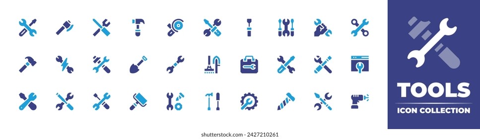 Tools icon collection. Duotone color. Vector and transparent illustration. Containing support, hammer, screwdriver, wrench, shovel, repair box, web maintenance, repair, paint roller, maintenance.