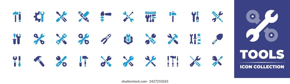 Tools icon collection. Duotone color. Vector and transparent illustration. Containing repair tool, hammer, repair, linemans pliers, tools, settings, screwdriver, tool, spanner, repair tools.