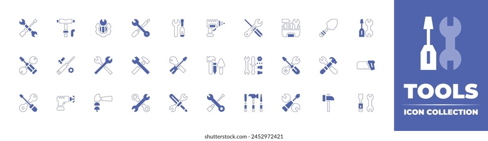 Tools icon collection. Duotone style line stroke and bold. Vector illustration. Containing wrench, toolkit, hammer, tools and utensils, tools, drill, settings, labor day, hand drill, tool, spanner.