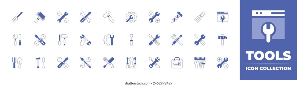 Tools icon collection. Duotone style line stroke and bold. Vector illustration. Containing screwdriver, gardening tools, repair tool, repair box, repair, paint roller, maintenance, hammer, tools.