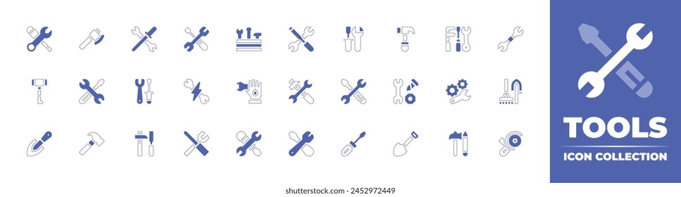 Tools icon collection. Duotone style line stroke and bold. Vector illustration. Containing support, handwork, hammer, repair, tools, shovel, screwdriver, electrician, construction and tools.