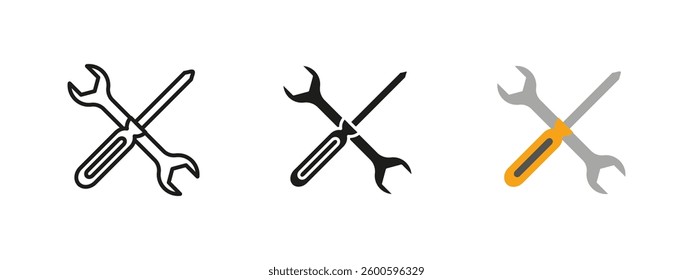 Tools icon. Crossed wrench and screwdriver vector illustration. Repair and maintenance symbol. Construction and mechanical work sign. DIY and engineering pictogram.