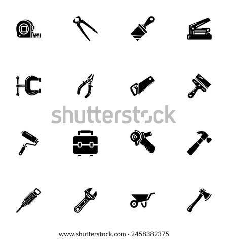 Tools icon - Expand to any size - Change to any colour. Perfect Flat Vector Contains such Icons as wrench, brush, hammer, measurement instrument, screwdriver, pliers, roller, gardening wheelbarrow
