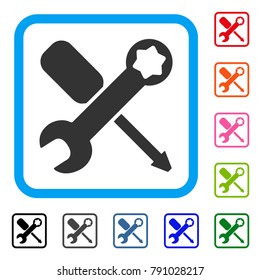 Tools icon. Flat grey iconic symbol in a light blue rounded rectangular frame. Black, gray, green, blue, red, orange color versions of Tools vector. Designed for web and app user interface.
