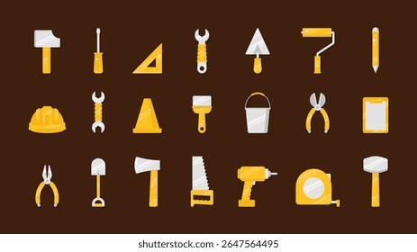 Tools icon flat illustration set. Tools illustration collection with yellow and white color on brown background