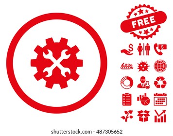 Tools icon with free bonus design elements. Vector illustration style is flat iconic symbols, red color, white background.