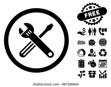 Tools icon with free bonus design elements. Vector illustration style is flat iconic symbols, black color, white background.