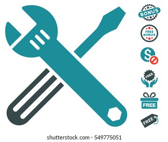 Tools icon with free bonus design elements. Vector illustration style is flat iconic symbols, soft blue colors, white background.