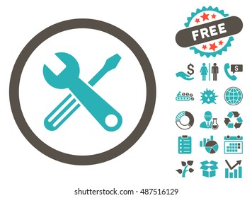 Tools icon with free bonus elements. Vector illustration style is flat iconic bicolor symbols, grey and cyan colors, white background.