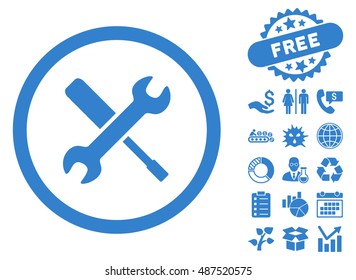 Tools icon with free bonus elements. Vector illustration style is flat iconic symbols, cobalt color, white background.