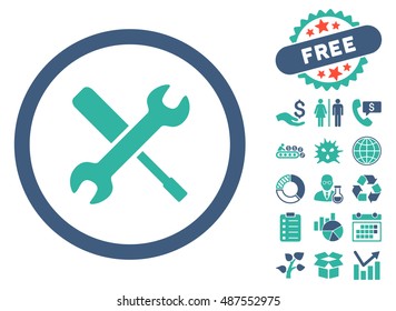 Tools icon with free bonus pictogram. Vector illustration style is flat iconic bicolor symbols, cobalt and cyan colors, white background.