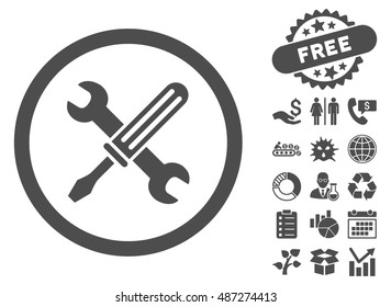 Tools icon with free bonus pictures. Vector illustration style is flat iconic symbols, gray color, white background.