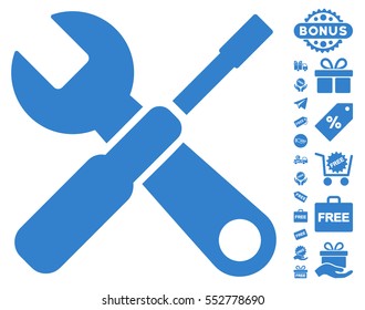 Tools icon with free bonus pictures. Vector illustration style is flat iconic symbols, cobalt color, white background.