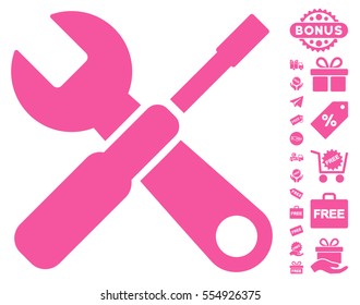 Tools icon with free bonus icon set. Vector illustration style is flat iconic symbols, pink color, white background.