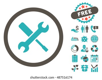Tools icon with free bonus symbols. Vector illustration style is flat iconic bicolor symbols, grey and cyan colors, white background.