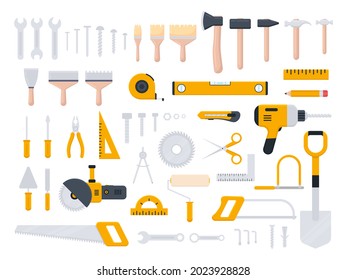 Tools icon large set. Repair, building and work instruments big collection in flat style. Scissors, hammer, screwdriver, shovel, tape measure, saw, putty ruler, knife, brush. Vector isolated on white