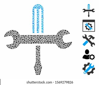 Tools icon mosaic of trembly elements in variable sizes and color tinges, based on tools icon. Vector rough elements are grouped into mosaic. Tools icons collage with dotted pattern.