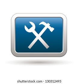 Tools icon on the blue with silver rectangular button. Vector illustration