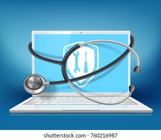 Tools icon on laptop screen. Wrench and a screwdriver on the shield sign. Repair and warranty service. Stock vector illustration.