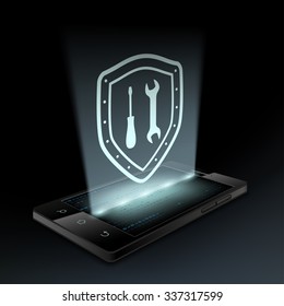 Tools icon on the smart phone screen. Hologram. Stock vector illustration.