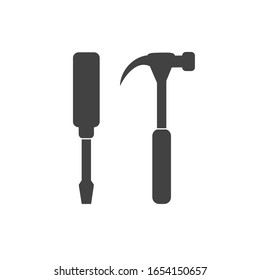 Tools icon. Represent hardware. Screw drive and hammer illustration. Flat minimalist design. white background Gray black vector. product brand service label banner board display. App icon.