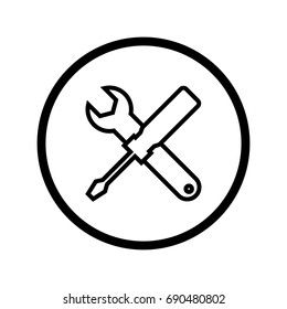 Tools icon, screwdriver and wrench, Outline style. Iconic symbol inside a circle, on white background. Vector Iconic Design.