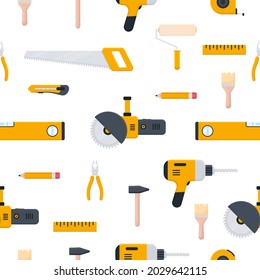 Tools icon seamless pattern. Repair, building and work yellow instruments big collection in flat style. Vector isolated on white	