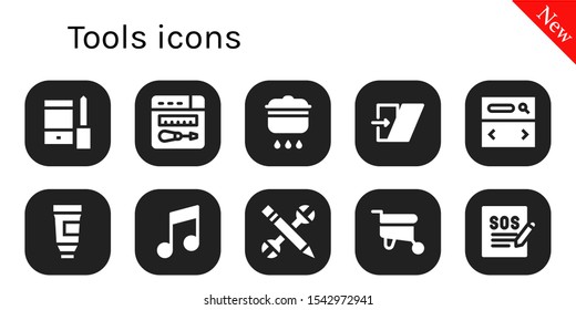 tools icon set. 10 filled tools icons.  Simple modern icons about  - Configuration, Repair, Cooking, Shear, Searcher, Paint tube, Music, Wheelbarrow, Support