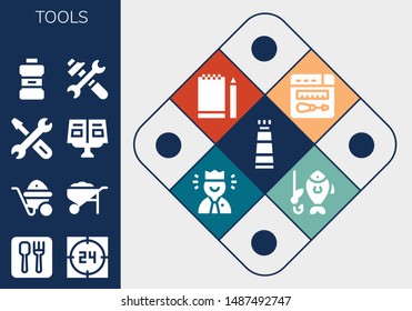 tools icon set. 13 filled tools icons.  Simple modern icons about  - Paint tube, Restaurant, Support, Wheelbarrow, Repair, Recipe book, Mouthwash, Tools, Sketchbook, Worker, Fishing