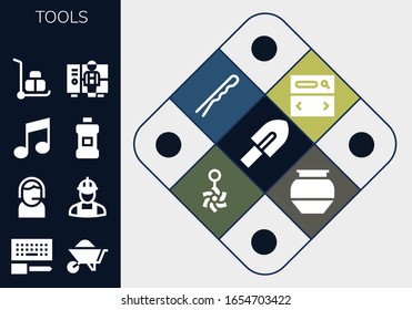tools icon set. 13 filled tools icons. Included Trowel, Configuration, Wheelbarrow, Support, Worker, Music, Mouthwash, Searcher, Hairpin, Belly piercing, Pottery icons