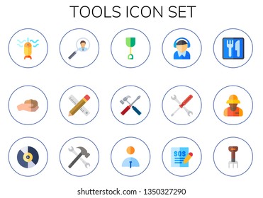 tools icon set. 15 flat tools icons.  Simple modern icons about  - fishing, gardening, worker, drawing, shovel, maintenance, support, restaurant, archeologist, music, rake