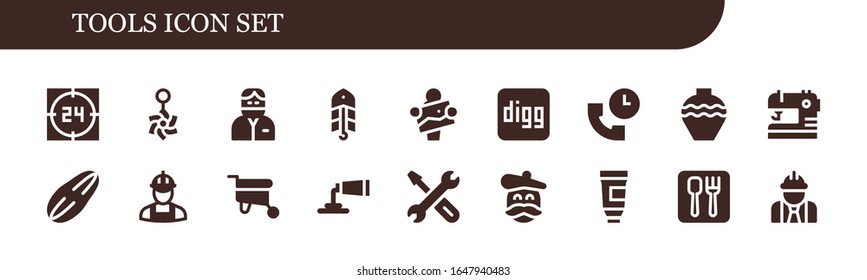 tools icon set. 18 filled tools icons. Included Support, Belly piercing, Dentist, Bait, Artist, Digg, Pottery, Sewing, Seed, Worker, Wheelbarrow, Paint tube, Repair, Restaurant icons