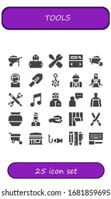 tools icon set. 25 filled tools icons.  Simple modern icons such as: Wheelbarrow, Worker, Repair, Searcher, Support, Trowel, Belly piercing, Configuration, Music, Dentist, Supporter