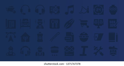 tools icon set. 32 filled tools icons. on blue background style Collection Of - Wheelbarrow, Architecture, Edit tools, Worker, Headset, Repairing, Garden, Support, Mouthwash, Restaurant